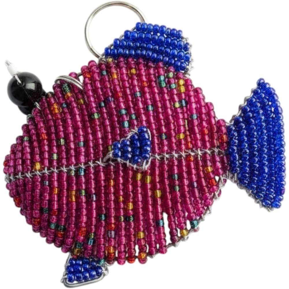 Handmade Beaded Fish Keychain Magenta Blue Glass Seed Bead Bag Charm Folk Art